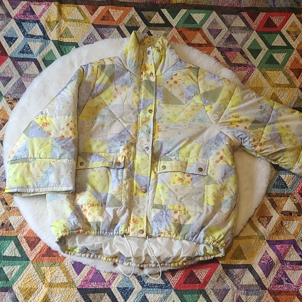 Urban Outfitters Colorful Patchwork Printed Nylon Relaxed Full Zip Puffer Jacket